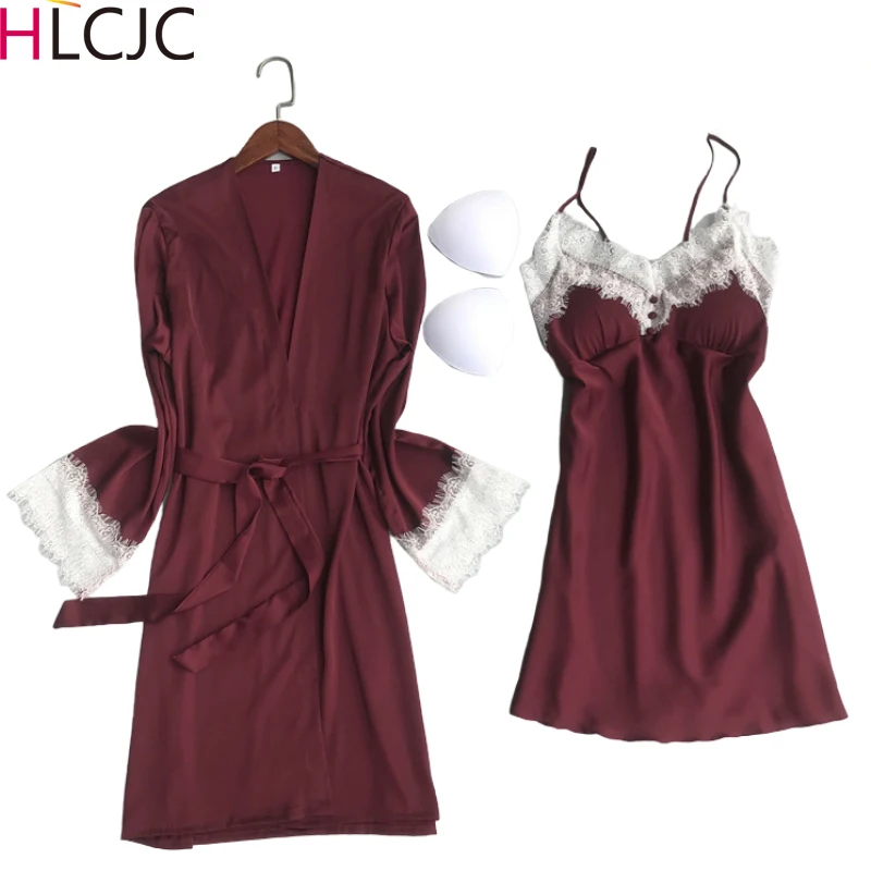 Комплект женский Шелковый из 2 предметов пикантный атласный кружевной халат с V