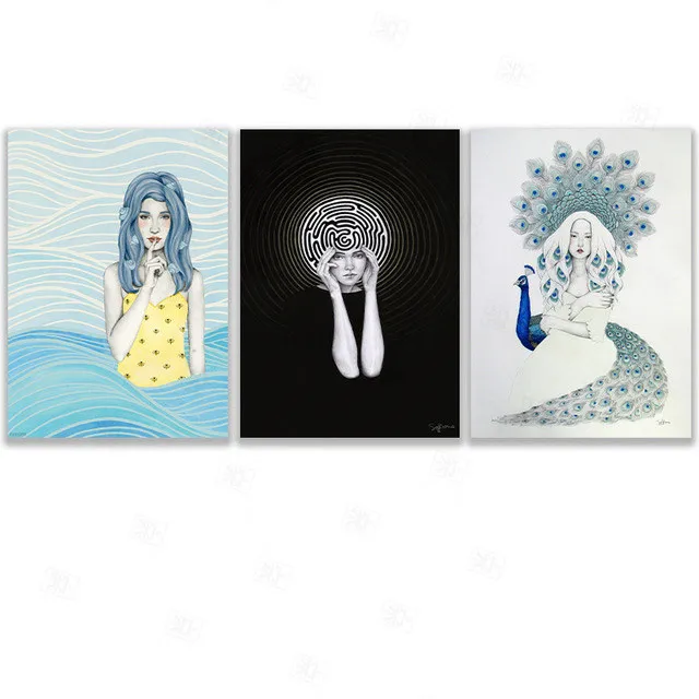 

Vintage Abstract Fashion Girl Blue Wave Peacock Art Canvas Painting Nordic Poster Wall Pictures for Living Room Home Decor