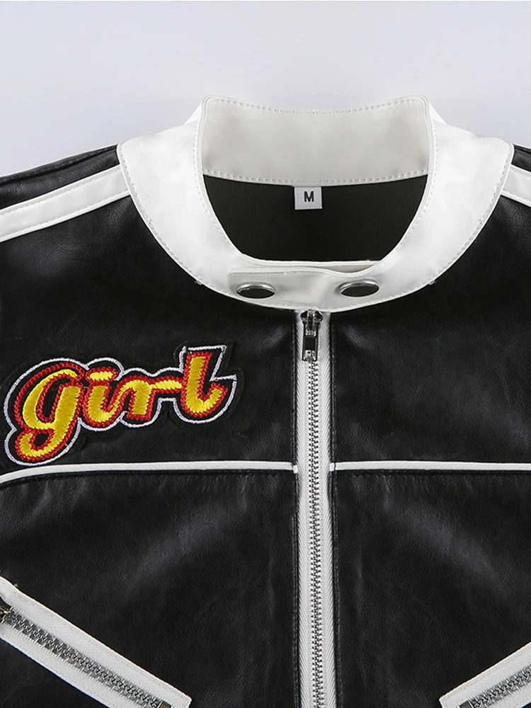 HEYounGIRL Harajuku Faux Leather Crop Top Biker Jacket Patchwork Zip Up Long Sleeve Coats Mall Goth Black Racer Outwear Autumn