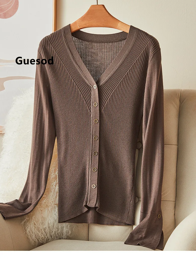 

Women Wool Sweater Female Cardigan 2021 100% Woolen V-Neck Top Thin Knitting Shirt Striped Slim New Guesod