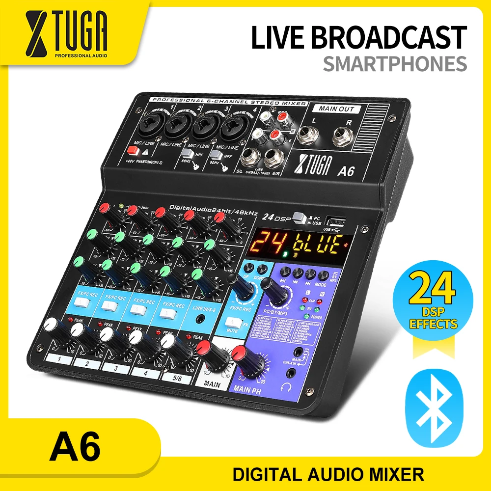 

XTUGA A6 Digital Audio Mixer 6 Channel Built-in Sound Card,24 DSP Effects,Mixing Console for Singing,PC Recording,Live Broadcast
