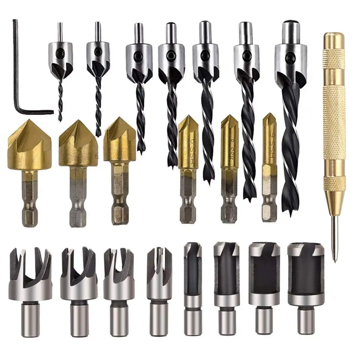 

Drillpro 23pcs Woodworking Chamfer Drilling Tool Countersink Drill Bits Wood Plug Cutter And Automatic Center Pin Punch