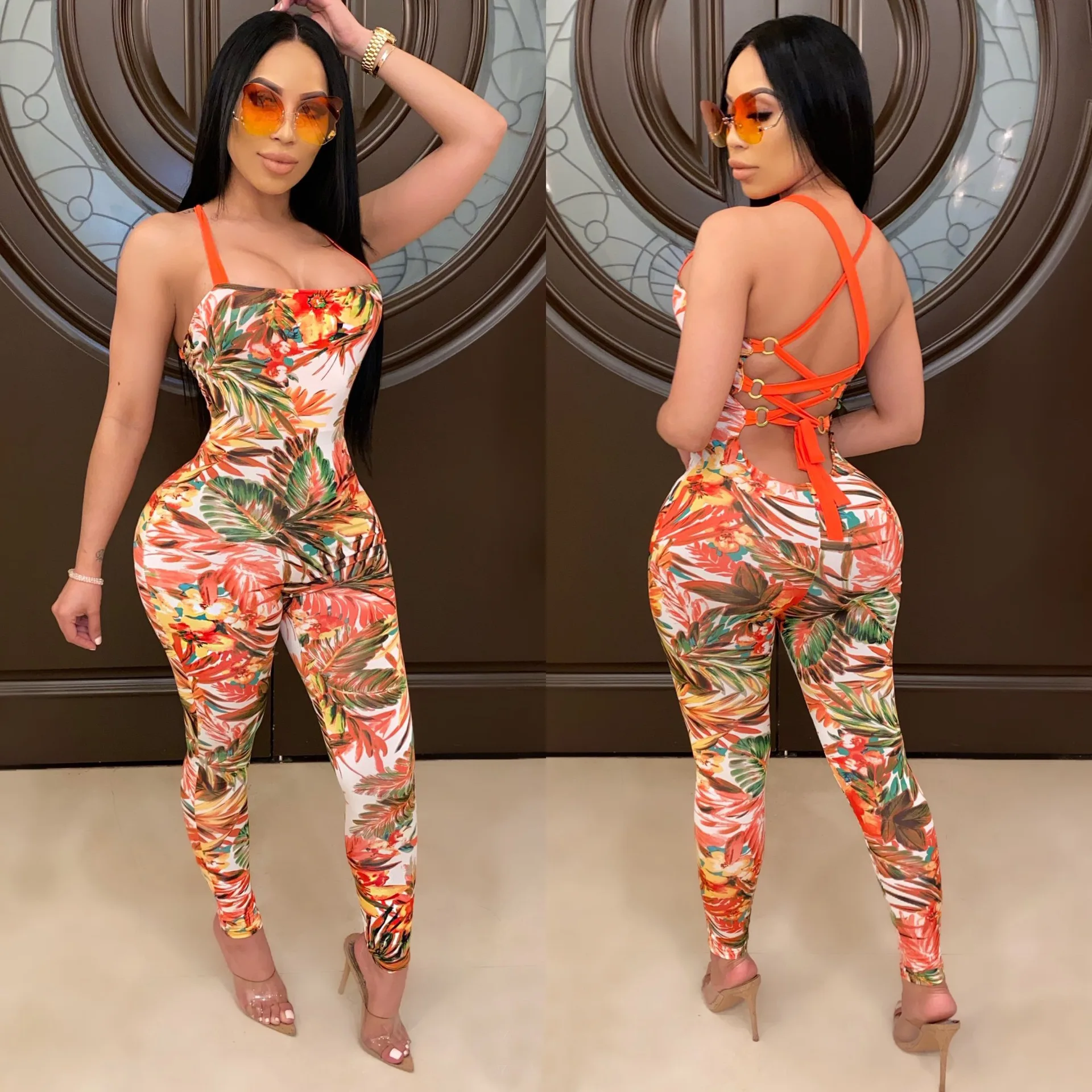 Красочные лиственным принтом Bodycon Облегающий комбинезон для женщин завязками