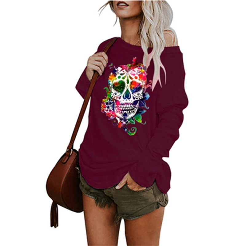 

Cartoon Skull Women Tops Autumn Long Sleeve Loose Plus Size Shirt Fashion O-Neck Streetwear Shirts Solid Color