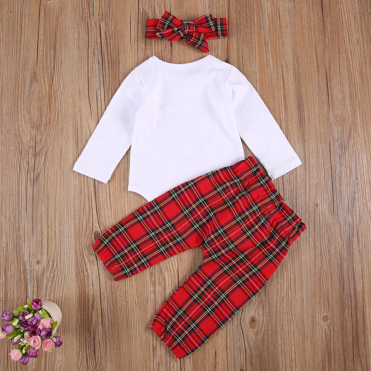 

WOSHILAOCAI Infant Newborn Girls Christmas Outfits Suits, Long Sleeve Printed Romper Shirt Top + Plaid Long Pant + Bow Headband