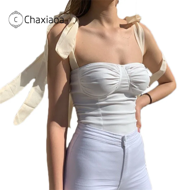 Летняя женская майка CHAXIAOA 2020 с бантом на лямках сексуальный шифоновый топ