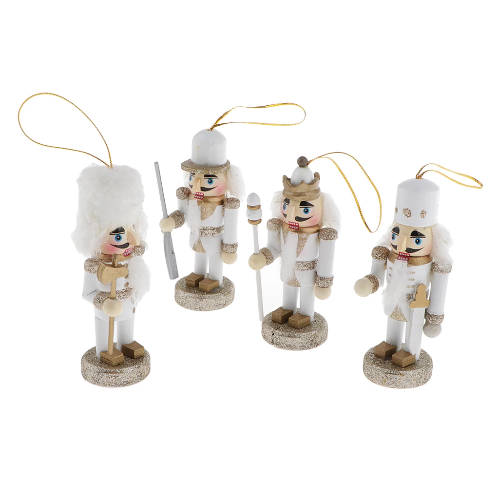 10cm White Wooden Nutcracker Hanging Ornaments Set, 4Pcs Wooden Nutcracker