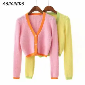 Женский укороченный кардиган на пуговицах, розовый Укороченный кардиган в Корейском стиле, осень 2019