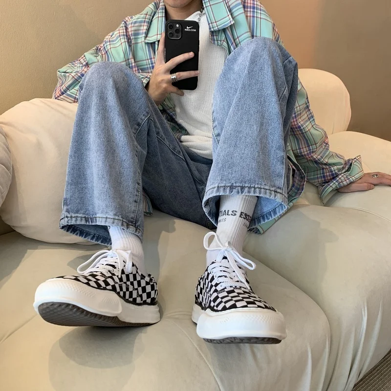 Cotton Black/Blue/White Jeans Men's Fashion Casual Wide-leg Jeans Men Streetwear Loose Hip-hop Straight Denim Trousers Mens