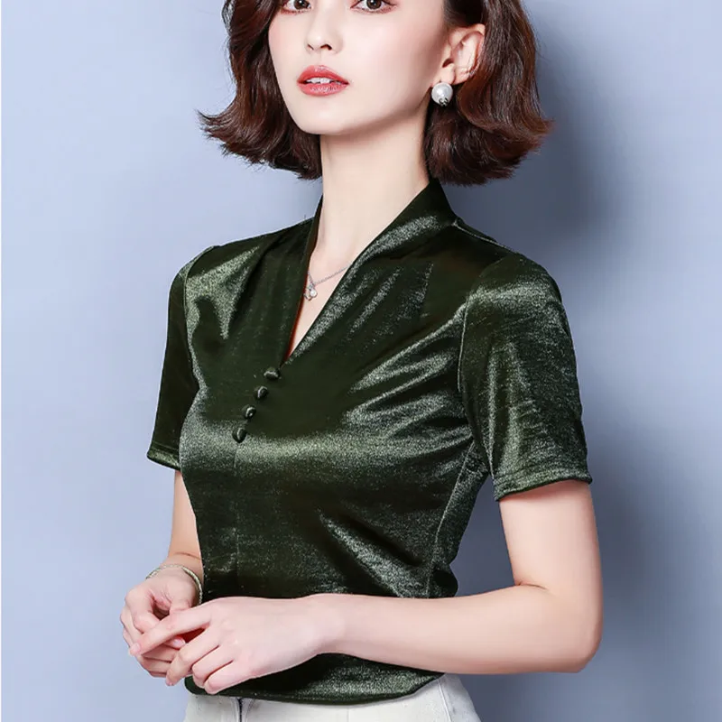 

Slim Fit Blouses Women Solid Satin Blouses Tops Summer V-neck Shirt Plus Size Women Short Sleeve Top Blusas Mujer De Moda Office