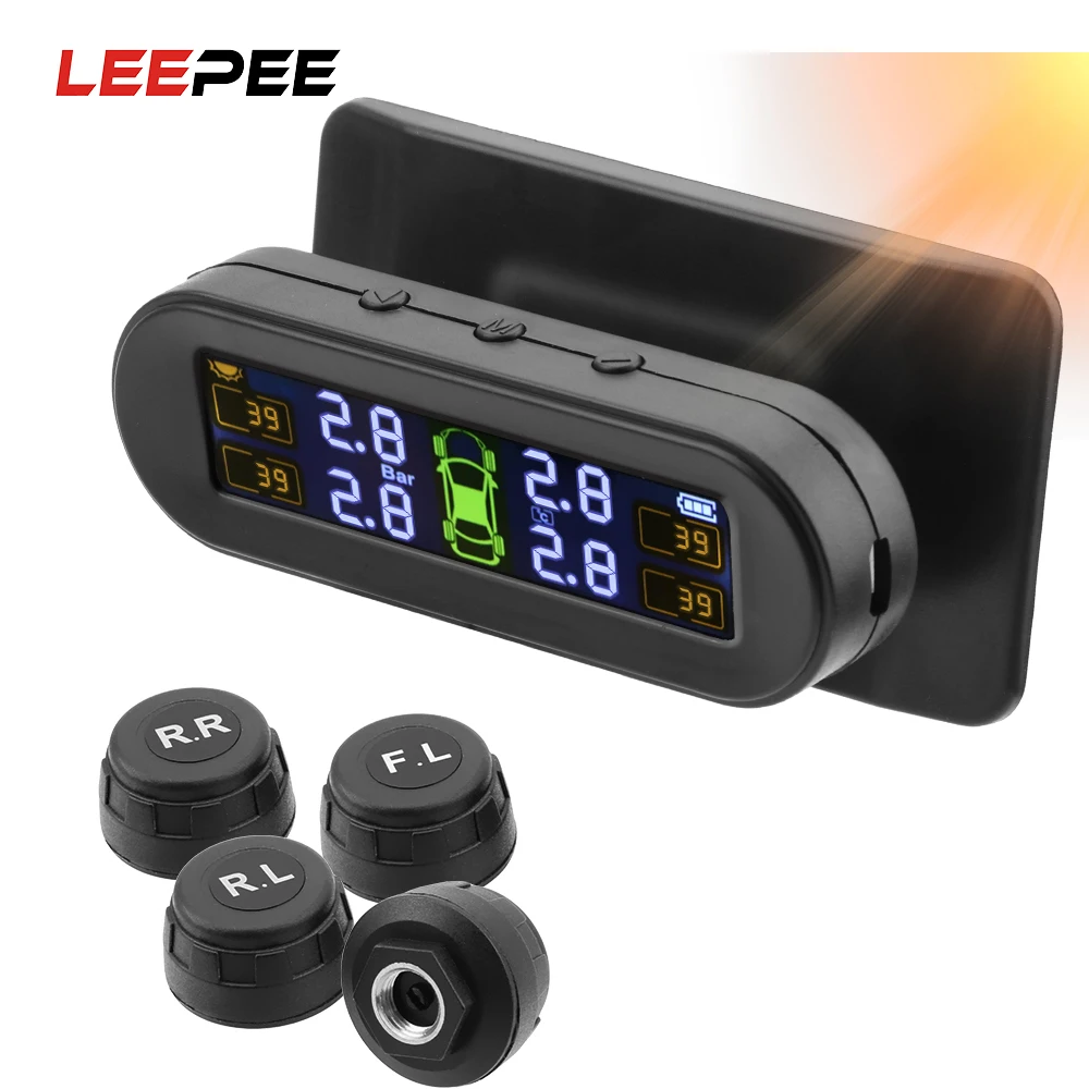 

LEEPEE Car Tyre Pressure Monitor Solar TPMS Temperature Warning Fuel Save 4 External Sensors Tire Pressure Monitoring System