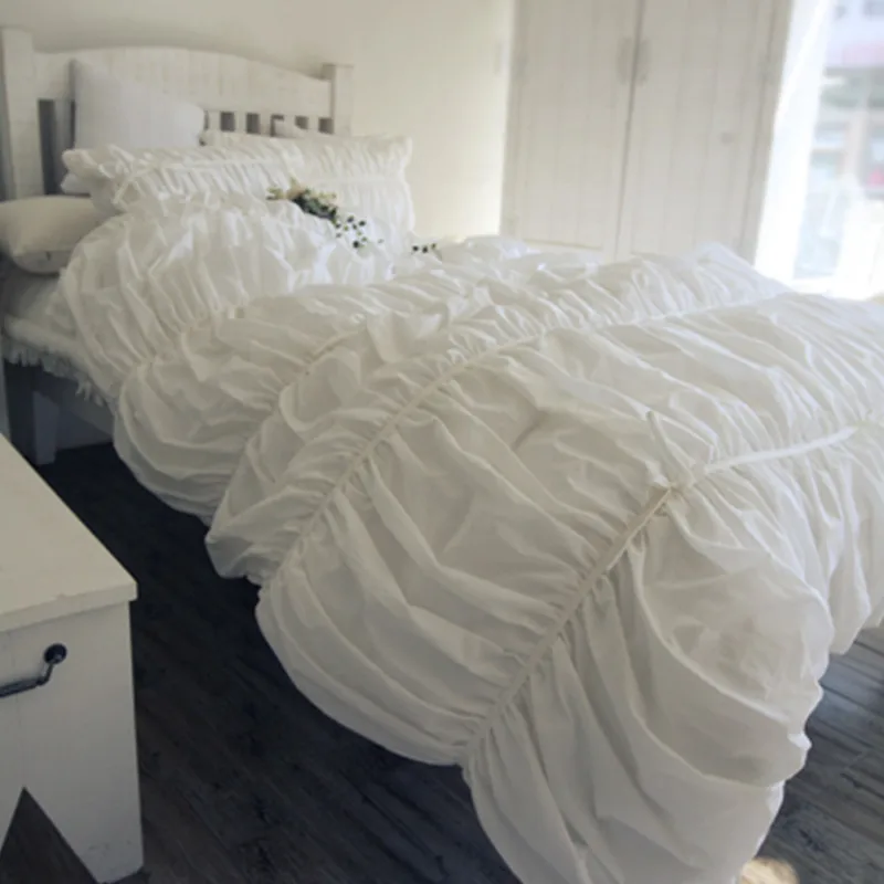 

Solid color princess cotton milk white three-dimensional ruffles bubble piano Korean bed skirt full queen king bedding set YW
