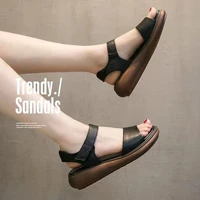 genuine leather slope heel platform sandals women new open toe velcro fashion women sandals summer all match flat women sandals