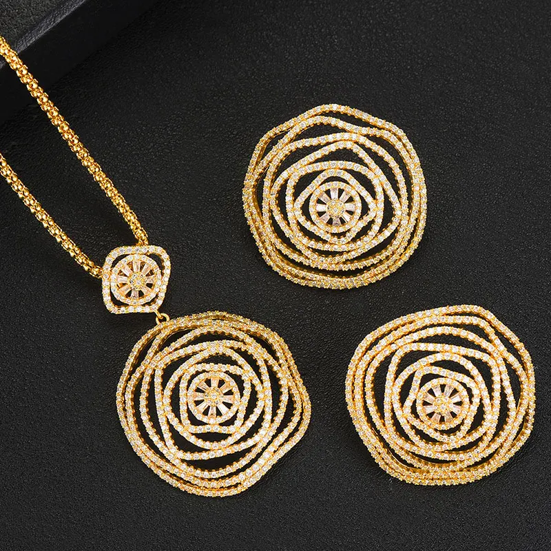 Gold GODKI Luxury Flower Round African Bangle Ring Set Indian Jewelry Sets For Women Wedding Engagement brincos para as mulheres - Окраска металла: Gold
