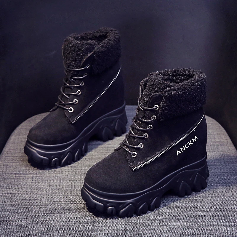 

Ankle Boots for Women 2020 Winter Zip High Platform Sneakers 9CM Height Increasing Warm Snow Boots Thick Sole Designer Fur Boot
