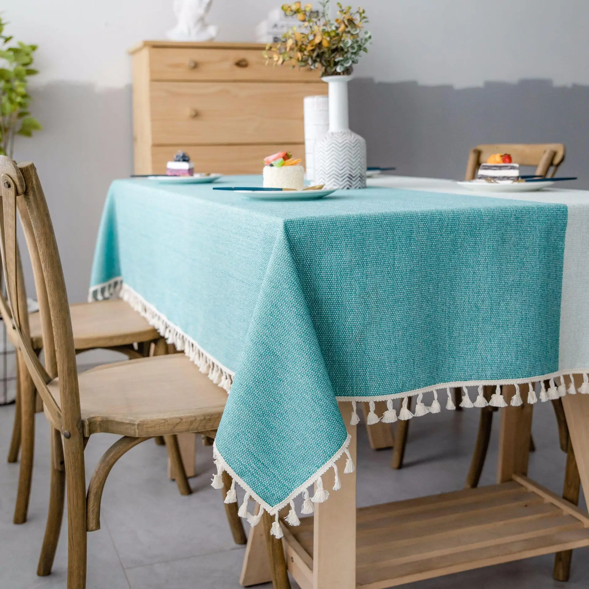 Новая двухцветная декоративная льняная скатерть с кисточкой Водонепроницаемая