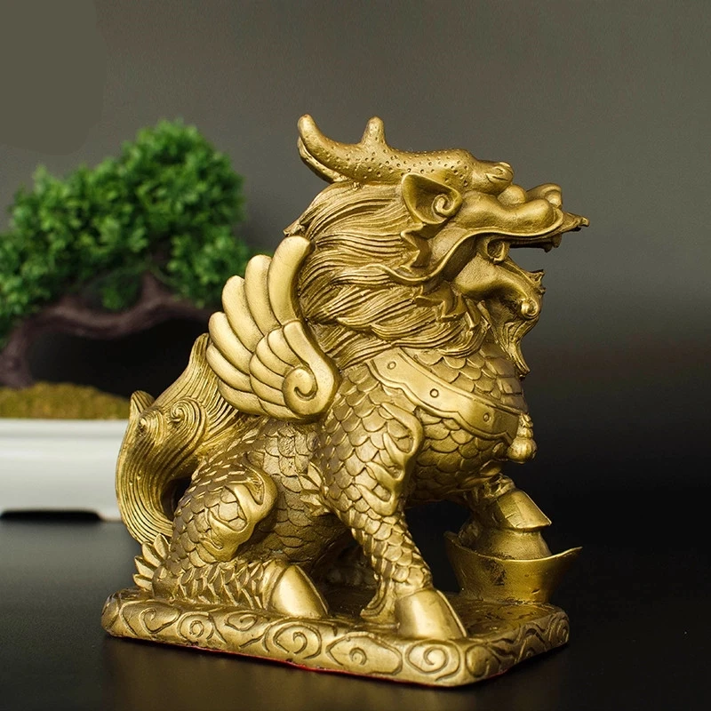 

2 шт./компл. фэн-шуй, Золотая латунная статуя Chi Lin/Kylin, благосостояние, благосостояние, украшение для дома, привлечение богатства и удачи D331