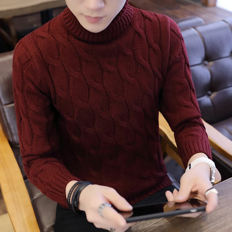 Мужской облегающий свитер водолазка клетчатый вязаный пуловер повседневный