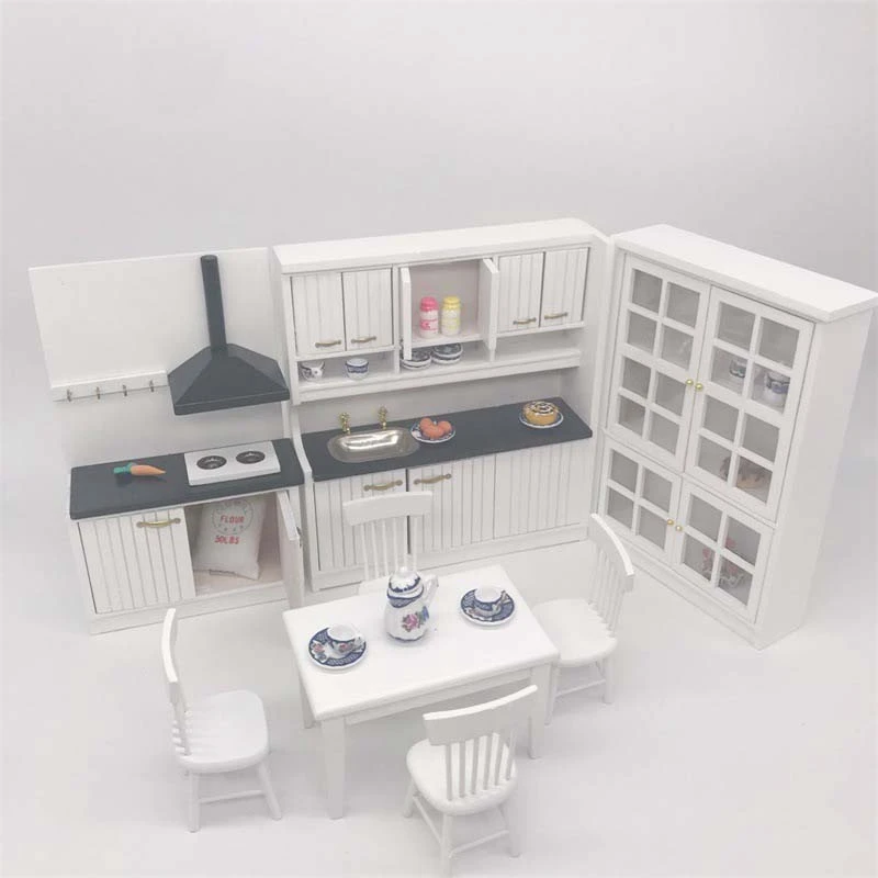 

1/12 Dollhouse Modern Sense Furniture White Kitchen Cabinet Table Set,Cupboard Dollhouse Furniture Accessories