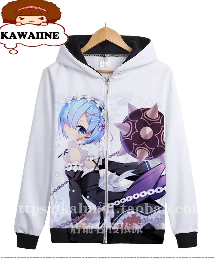 Аниме Толстовка большого размера с рисунком Re:Zero kara Hajimeru Isekai Seikatsu RAM &amp REM белые