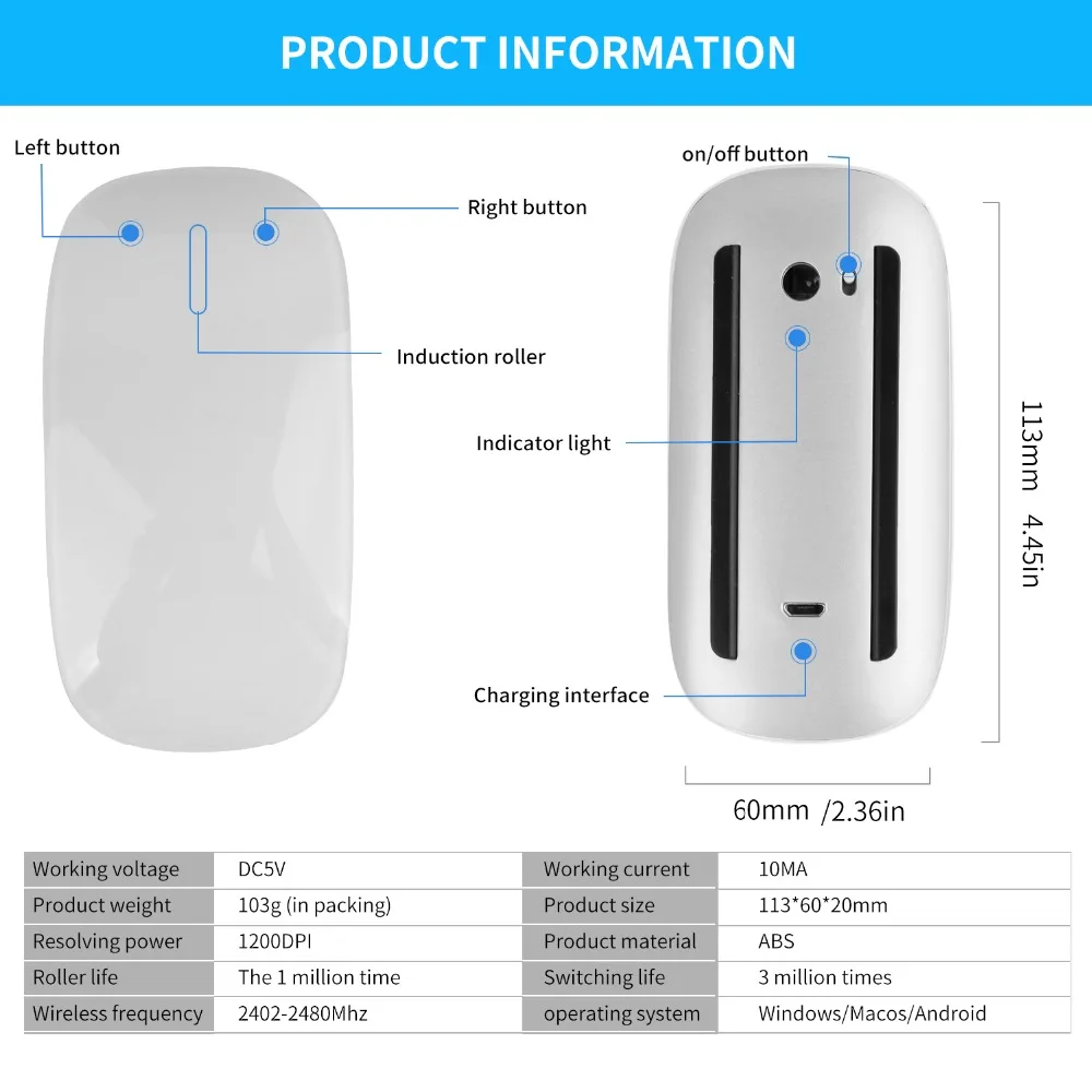 Bluetooth совместимая Беспроводная Волшебная мышь бесшумная перезаряжаемая