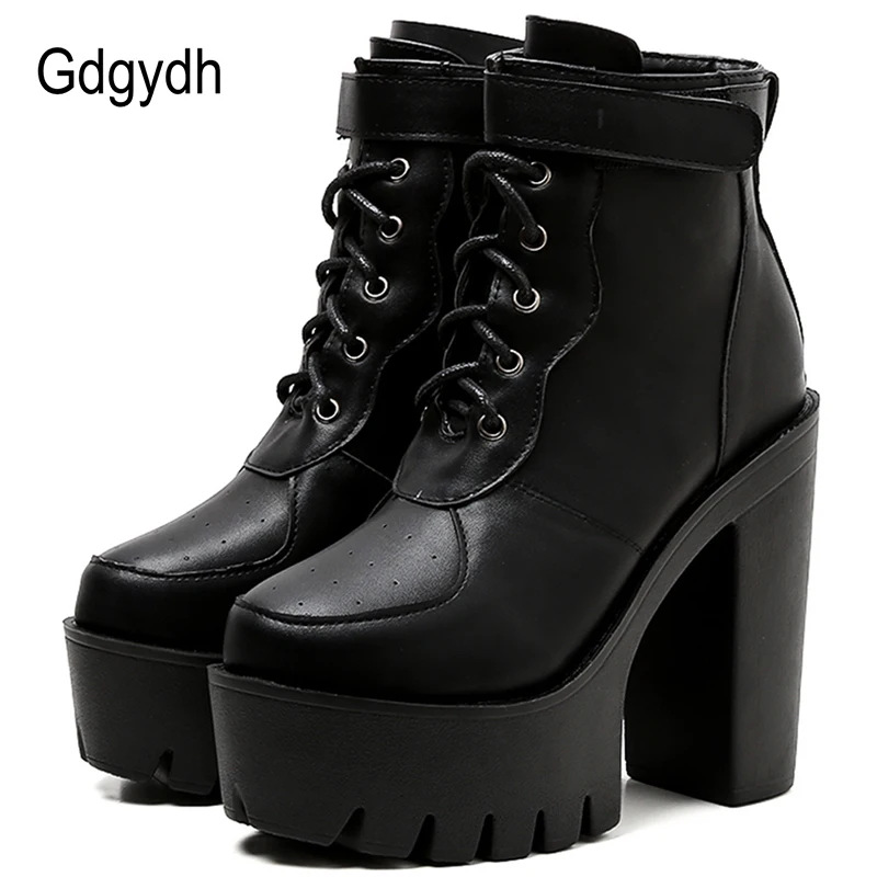 

Женские ботинки на шнуровке Gdgydh, черные, кожаные, на платформе, на толстом высоком каблуке, для весны/осени/зимы, 2019