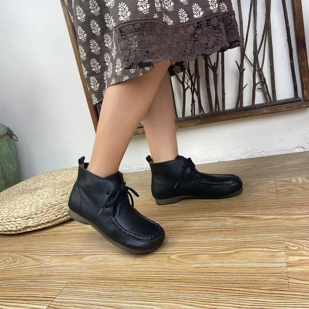 

Careaymade-Autumn&Winter head layer cowhide boots round head low tube front lace up handmade Martin boots women short boots