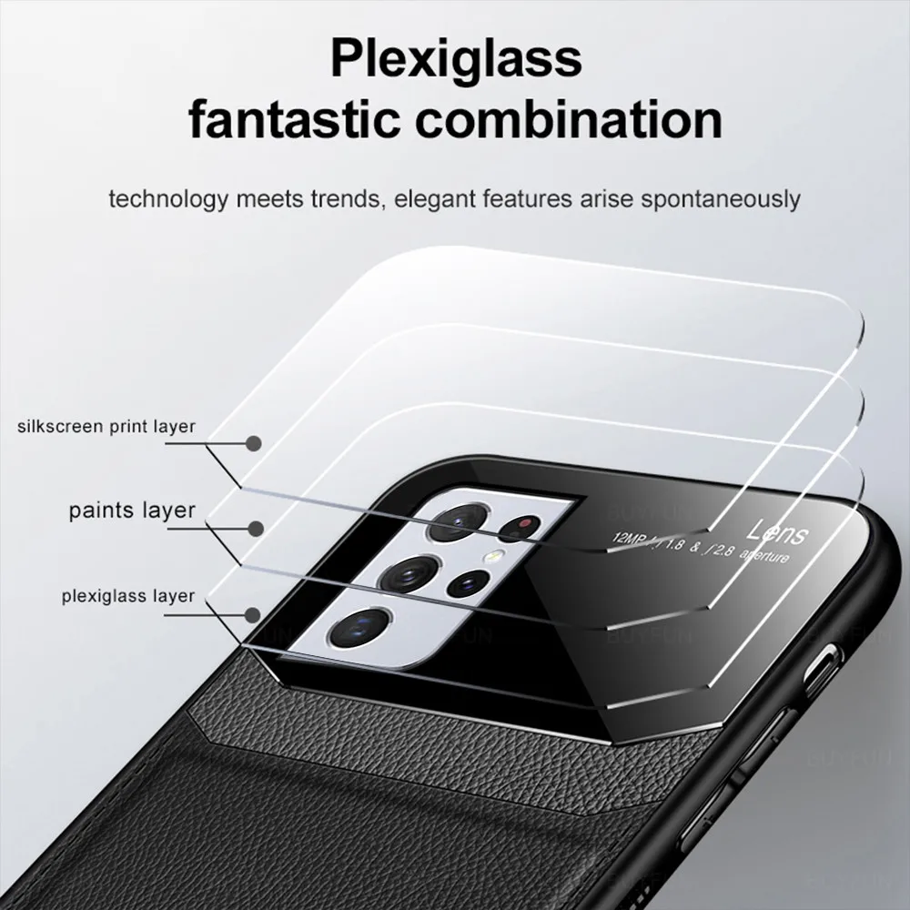 

s 21 ultra case pu leather plexiglass hard pc back covers for samsung galaxy s21 ultra plus soft silicone frame shockproof coque