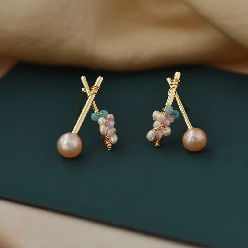 

Freshwater Pearl Earrings Light Luxury Fresh Literary Tourmaline Earrings Cute Girl Heart Sweet Lollipop Ear