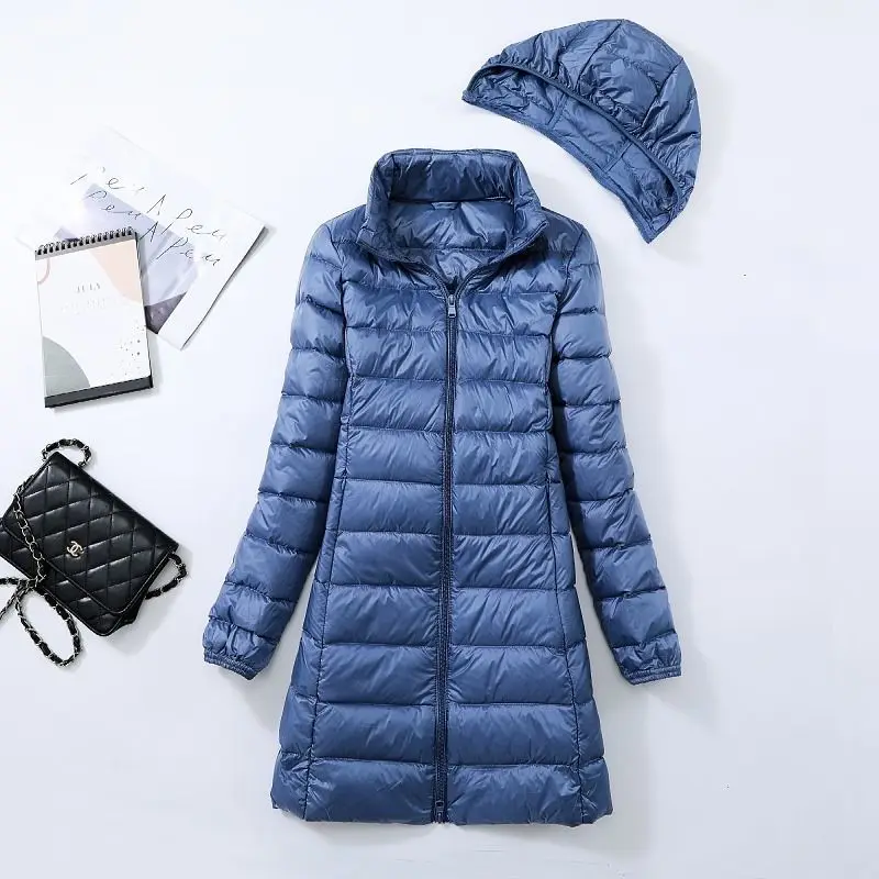 

2022 Women Winter New White Duck Down Jackets Female Long Warm Hooded Coats Ladies Light Thin Down Overcoats Q975