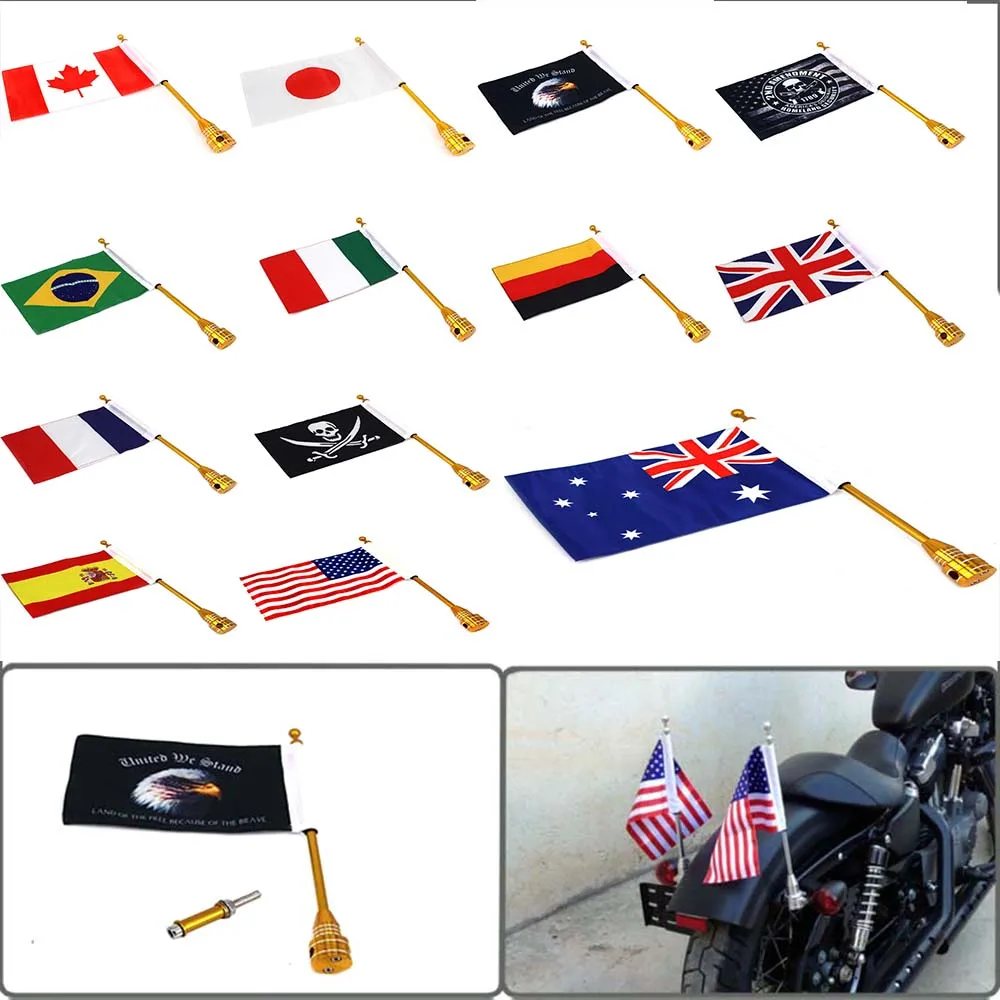 

Motorcycle Gold Handle Rear Side Flags Mount Luggage Rack Vertical Pirate Flag Pole For Harley Sportster XL883 XL1200 Touring