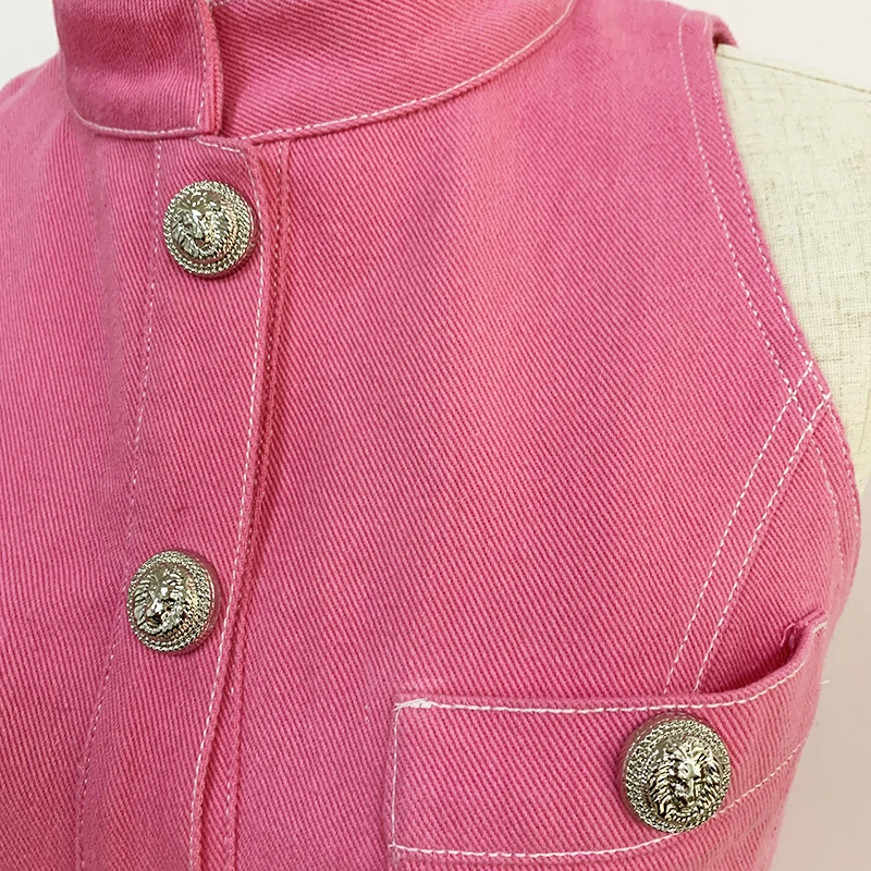 

HIGH STREET 2021 Newest Designer Summer Dress Women's Sleeveless Lion Buttons Embellished Denim Tank Dress
