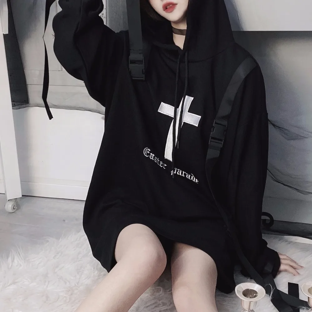 Ruibbit Женская Толстовка Harajuku Готический мультфильм печатных бархат с капюшоном модные повседневные панк уличная Черная Толстовка Осень
