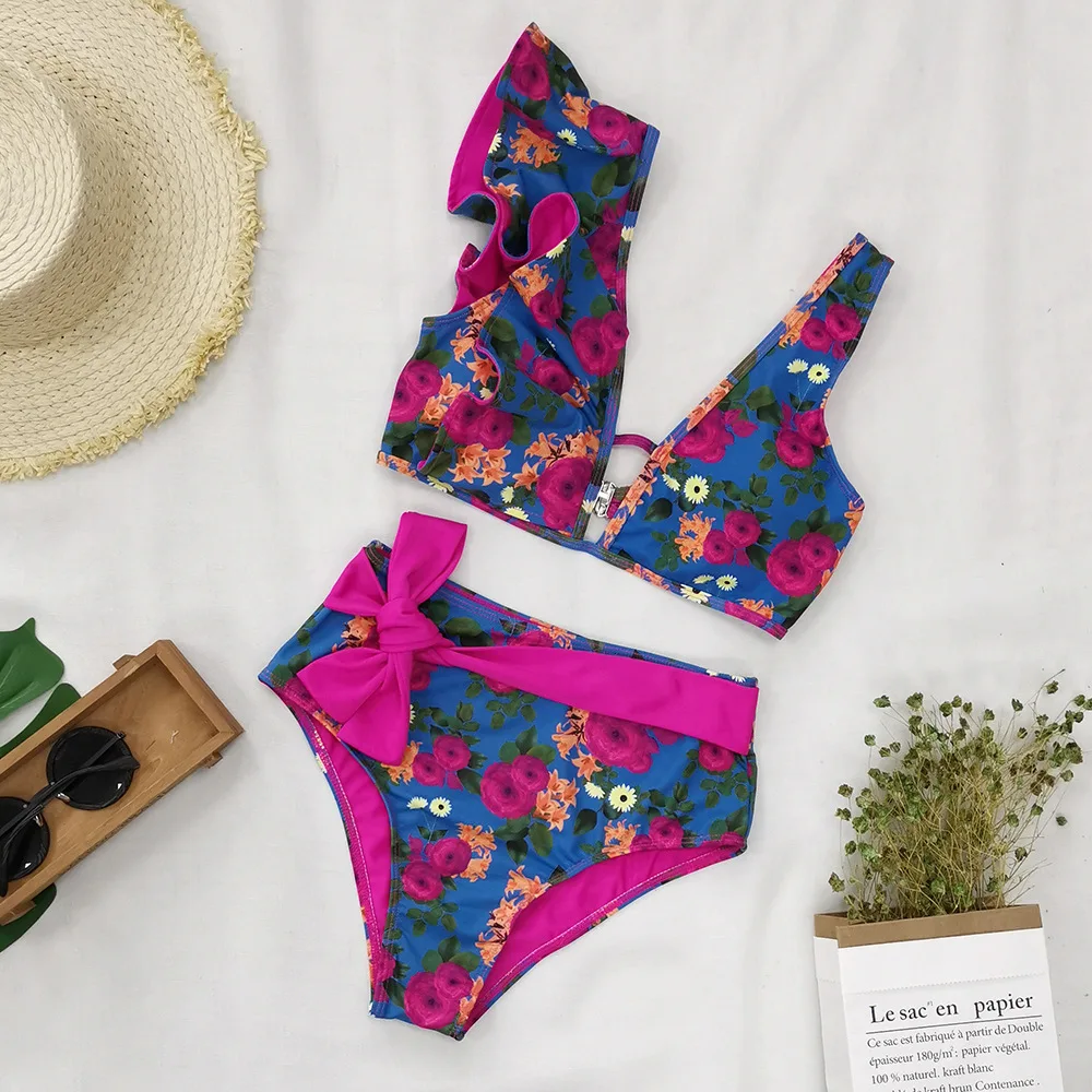 

Asymmetric Ruffled High Waisted Swimsuit Women European American Printed Two-Piece Bathing Suit Bikini Femme Swimming Beachwear