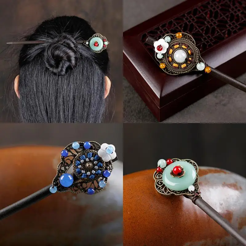 Синий цветок резной головной убор для невест китайские старинные шпильки шаг