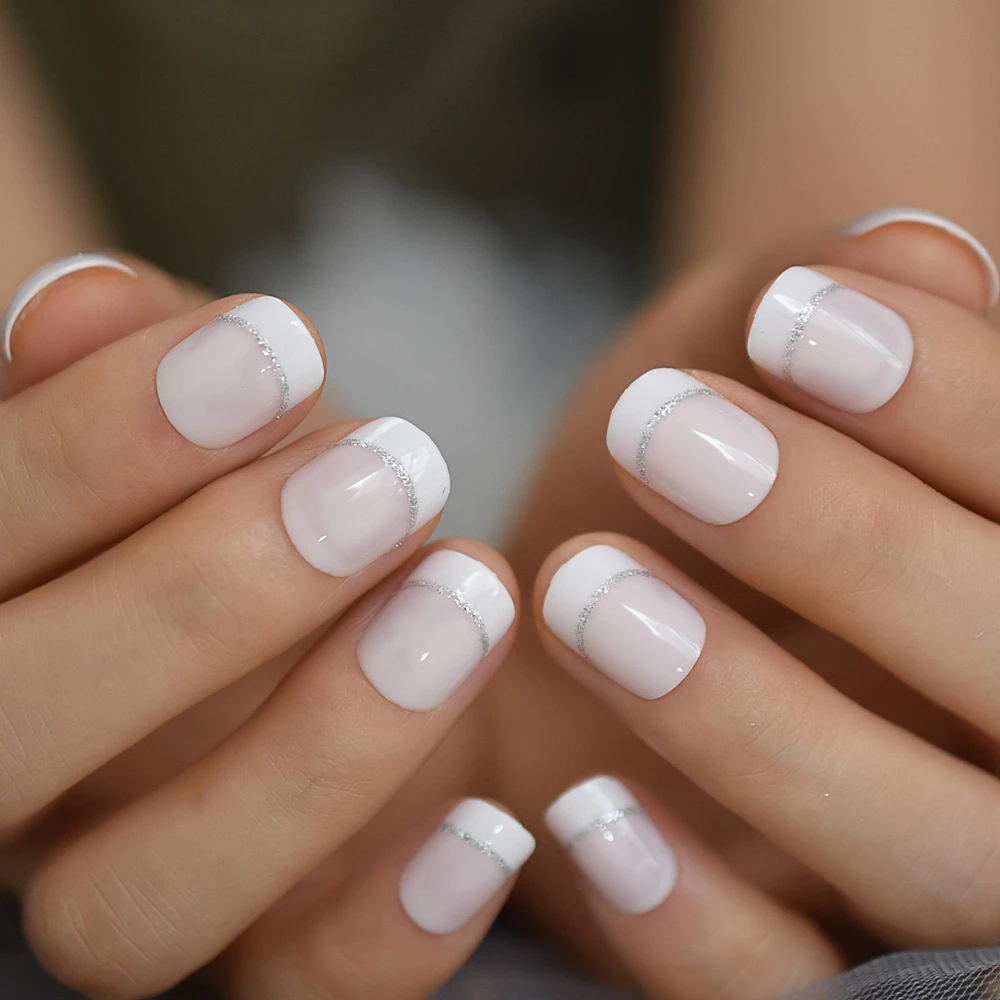 Medium Round French Nail Natural Sliver Boundary Press On Finger Nails Jelly Simple Daily Acrylic Tips 24Pcs | Красота и здоровье