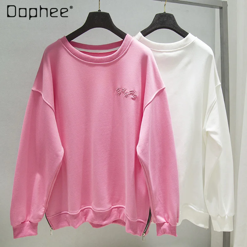 

2021 New Fashion Ins Sweater Women's Loose Korean Style Spring Niche BF Style Small Round Neck White T-shirt Clothes Hoodies