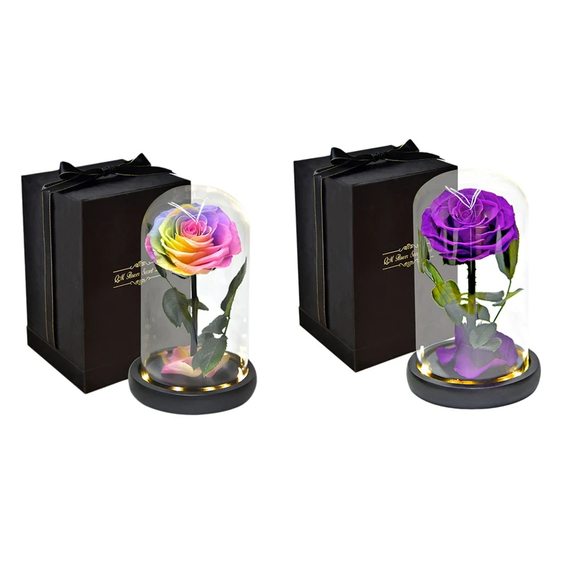 

2 шт. розы, которые долговечны, сохраненные цветы в стеклянной купольной лампе на День святого Валентина, фиолетовые и разноцветные