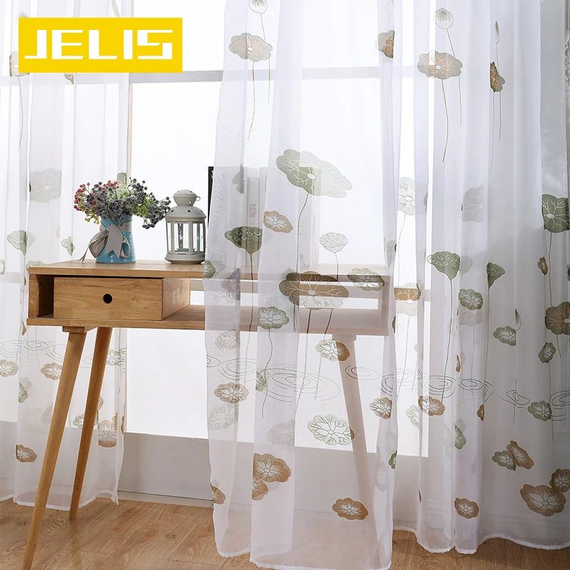 

Lotus Leaf Printed Tulle Curtains for Living Room Bedroom Modern Floral Sheer Curtains for Kitchen Window Screening Voile Drapes