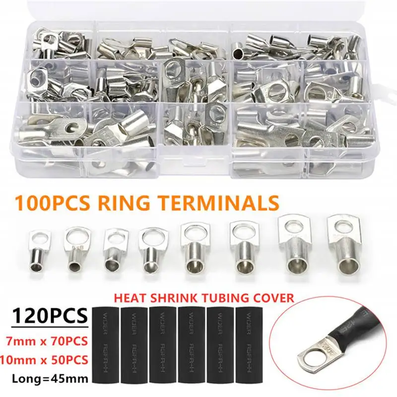 

2021NEW Copper Cable Lugs Ring Terminals Kit with Box SC6-SC25 Tinned Cable Lugs Battery Bare Cable Wire Connectors 60/