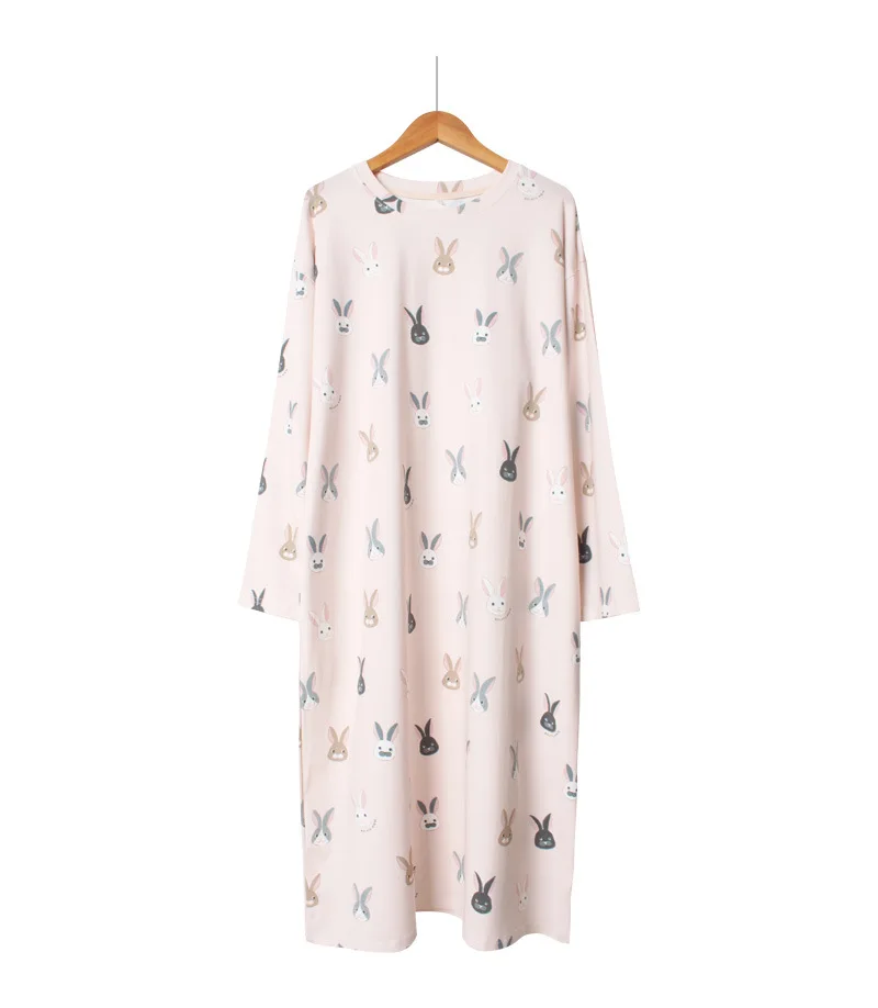 2021 Spring New Cartoon Loose Size Round Neck Nightdress Knitted Cotton Long Sleeve Long Skirt Household Clothes Can Be Worn Out