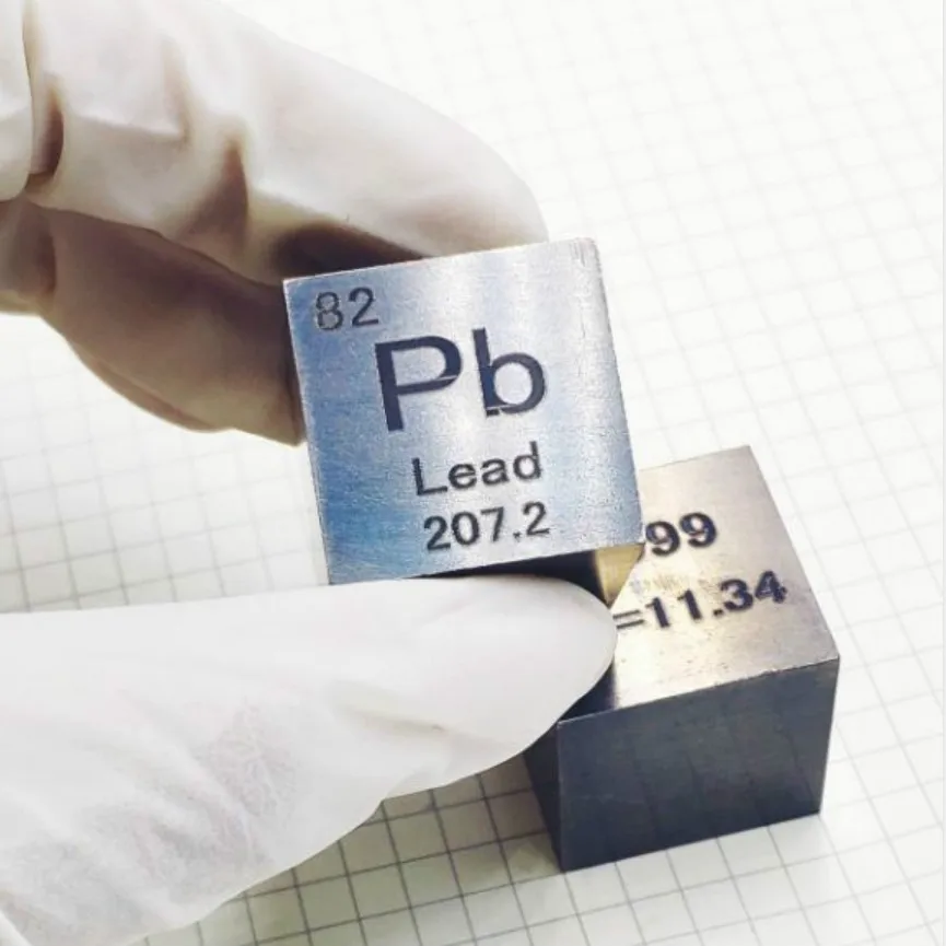 

lead metal in the periodic table- Cube one inches and weight is about 185.3g --99.99%