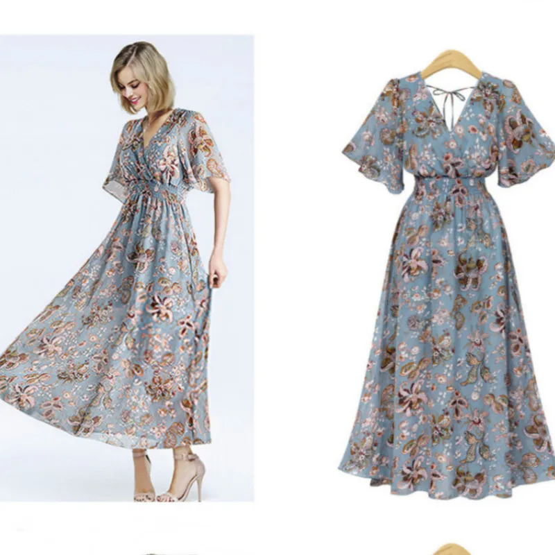 

New women's long dress chic style floral V-neck chiffon dress