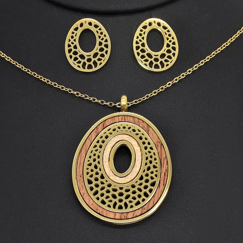 AMUMIU деревянная подвеска ожерелье серьги комплект модные ювелирные изделия