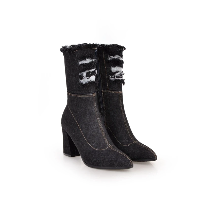 

2020 Spring/Autumn New Pointed Toe Denim Boots Women Super High Thin Heels Broken Hole Zipper Girls Boots Blue Rough Shoes Women