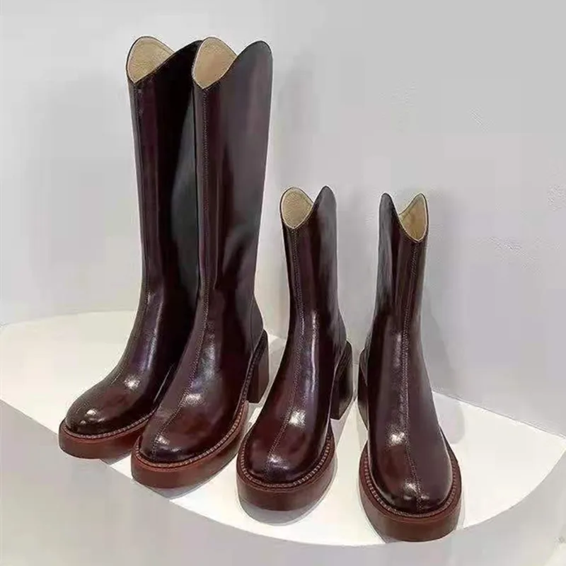 

Designer Fashion Winter Boots Women Knee High Boots 2021 Autumn New Round Toe Chunky High Heels Shoes Women Ankle Booties