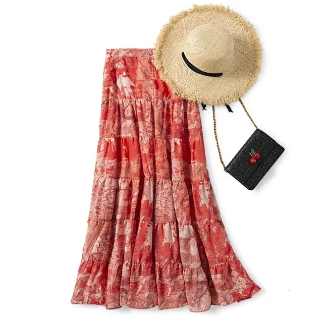 

Skirt 2021 Women Early Autumn Silk Cotton New Retro High Waist Beach Skirt