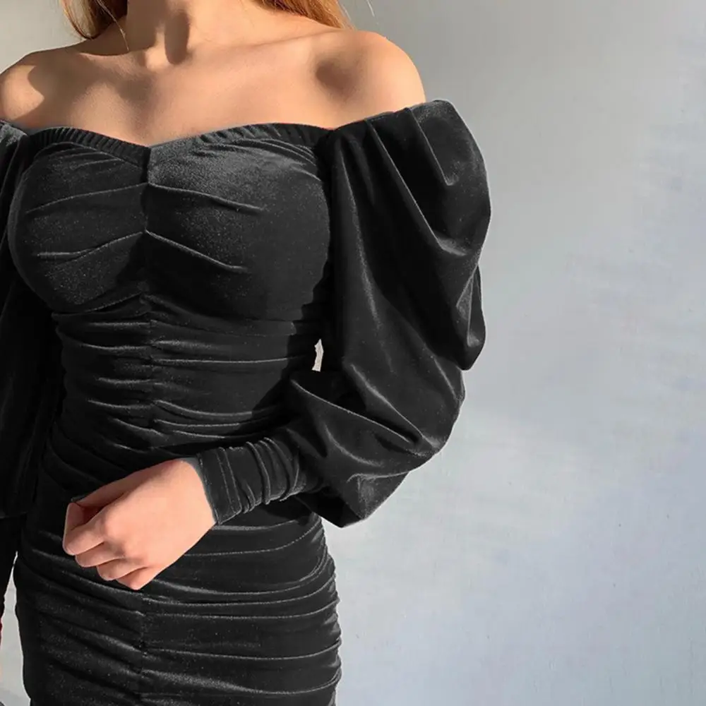 

2021 Women Square Neck Long Puff Sleeve Velvet Ruched Bodycon Mini Dress For Evening Party Banquet Club
