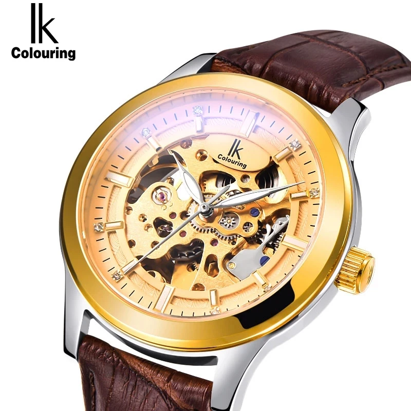 

Часы Reloj Hombre IK Мужские автоматические, роскошные золотистые водонепроницаемые механические с кожаным ремешком, стальной чехол, 3326