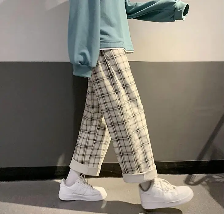 

Plaid Pants Autumn Wide Leg Pants for Women Plus Size Casual Loose Elastic Waist Pockets Korean Style Trousers Women Harajuku
